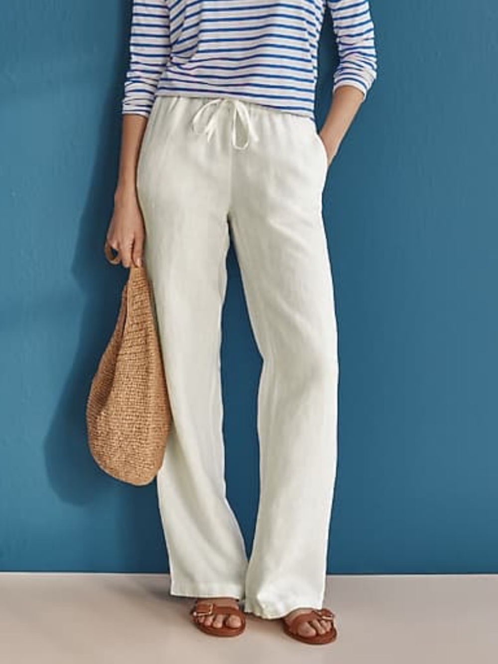 J. Jill Love Linen Drawstring Wide-Leg Pants Off-White Relaxed Fit Womens Size L